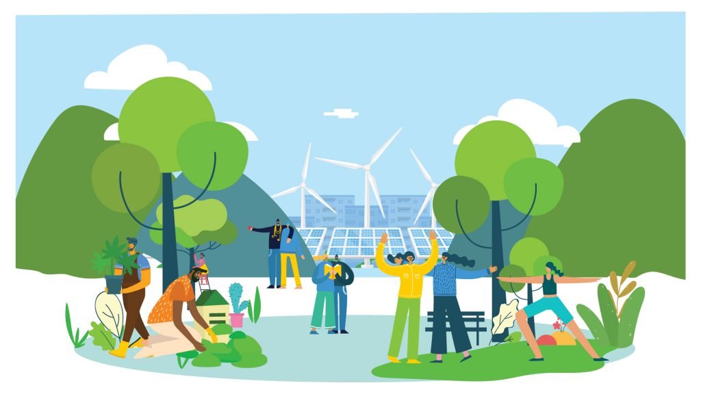 Cartoon of sustainable city - windmills and solar panels in the background, people sitting and enjoying nature in the foreground