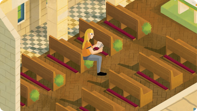 A cartoon woman sat on a pew in a church